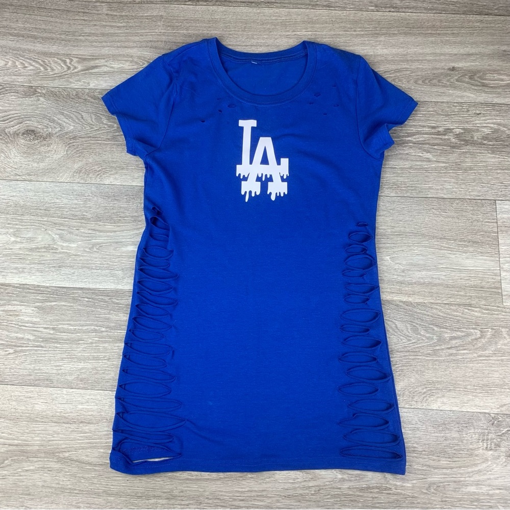 Royal Blue LA Dodgers baseball cut-out shirt, Mothers Day Los Angeles Outfit